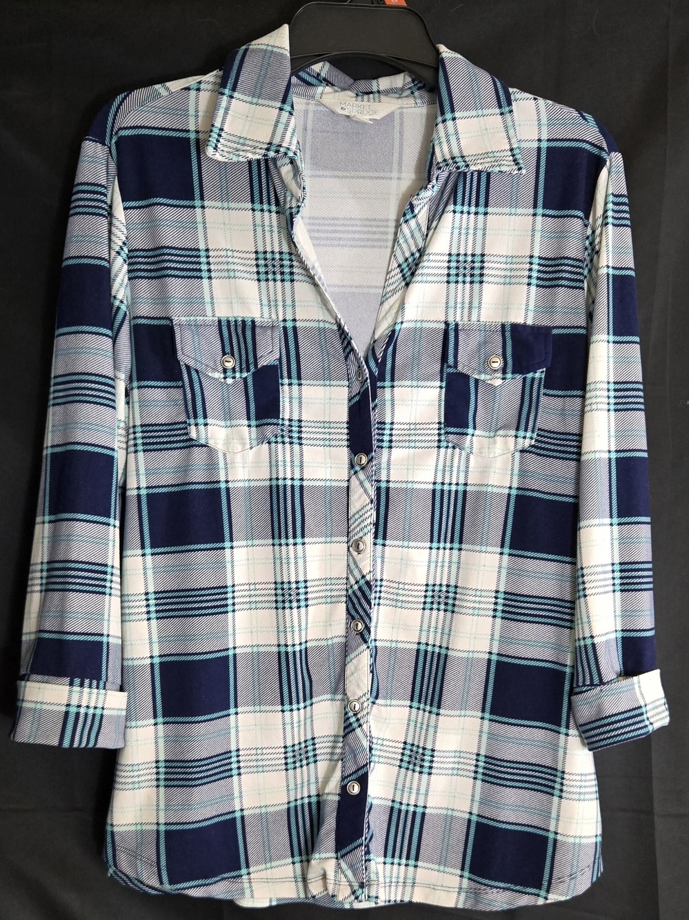 Market & Spruce Navy, White, and Teal Plaid Button-Down Shirt#682